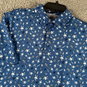 1764 Golf Polo Shirt Mens Medium Blue BBQ All Over Print Summer